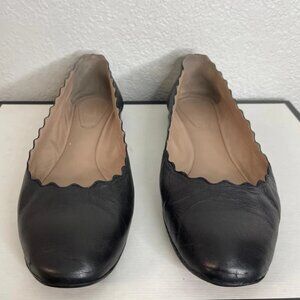 Chloe Lauren Scalloped Trim Black Leather Ballet Flats Slip On Women's Size 9